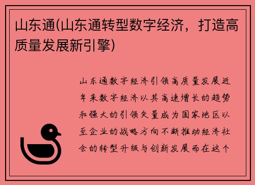 山东通(山东通转型数字经济，打造高质量发展新引擎)